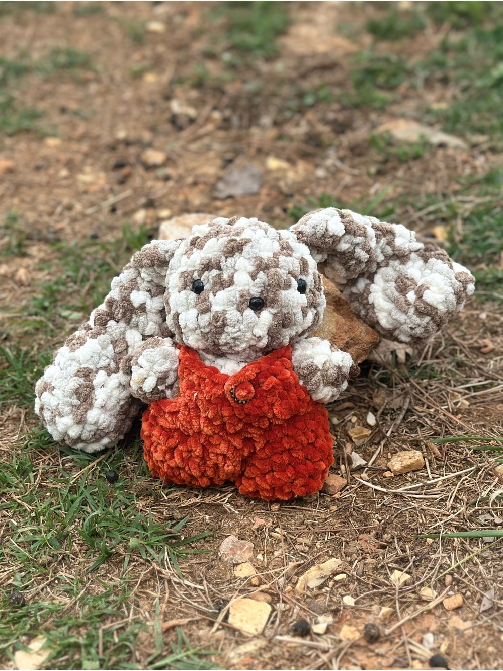 Crochet Plush Bunny in Cream and Brown with Orange Overalls